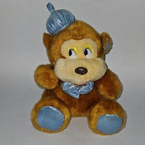 VTG King Plush Brown Monkey 11" Stuffed Animal Toy Blue Hat Bow READ